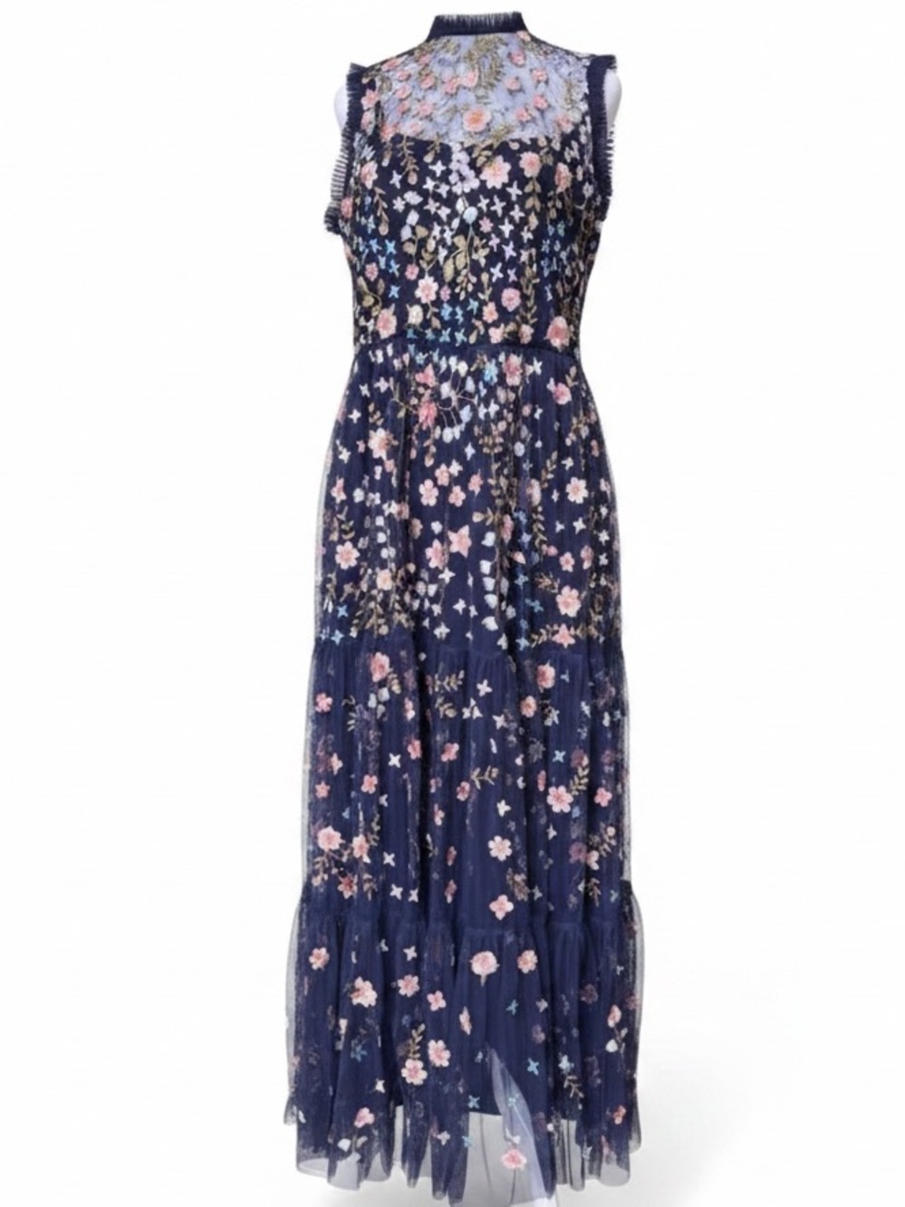 Tolani Navy Floral Embroidered Maxi Dress with Pink and Cream Accents